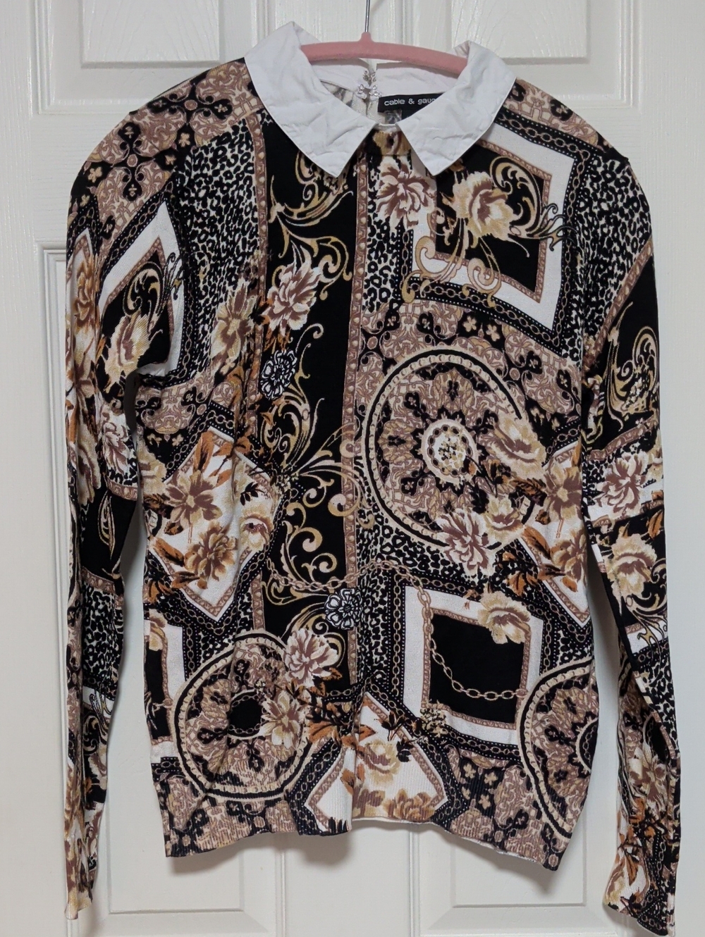2 For $20 Cable & Gauge Black, White & Tan Baroque Print Crew Sweater